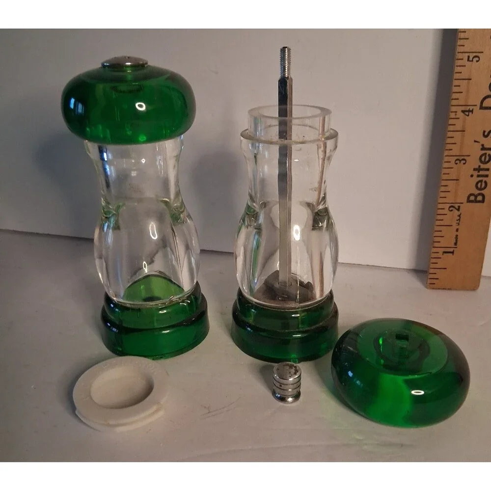 Vintage Olde Thompson Salt and Pepper 6 in Green Top and Bottom Lucite